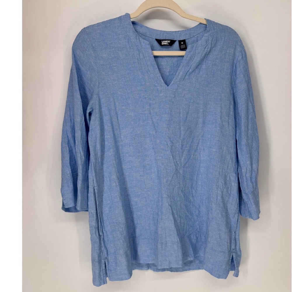 Lands' End Linen Tunic Women Size M Blue EUC Split V-Neck 3/4 Sleeve Side Slits